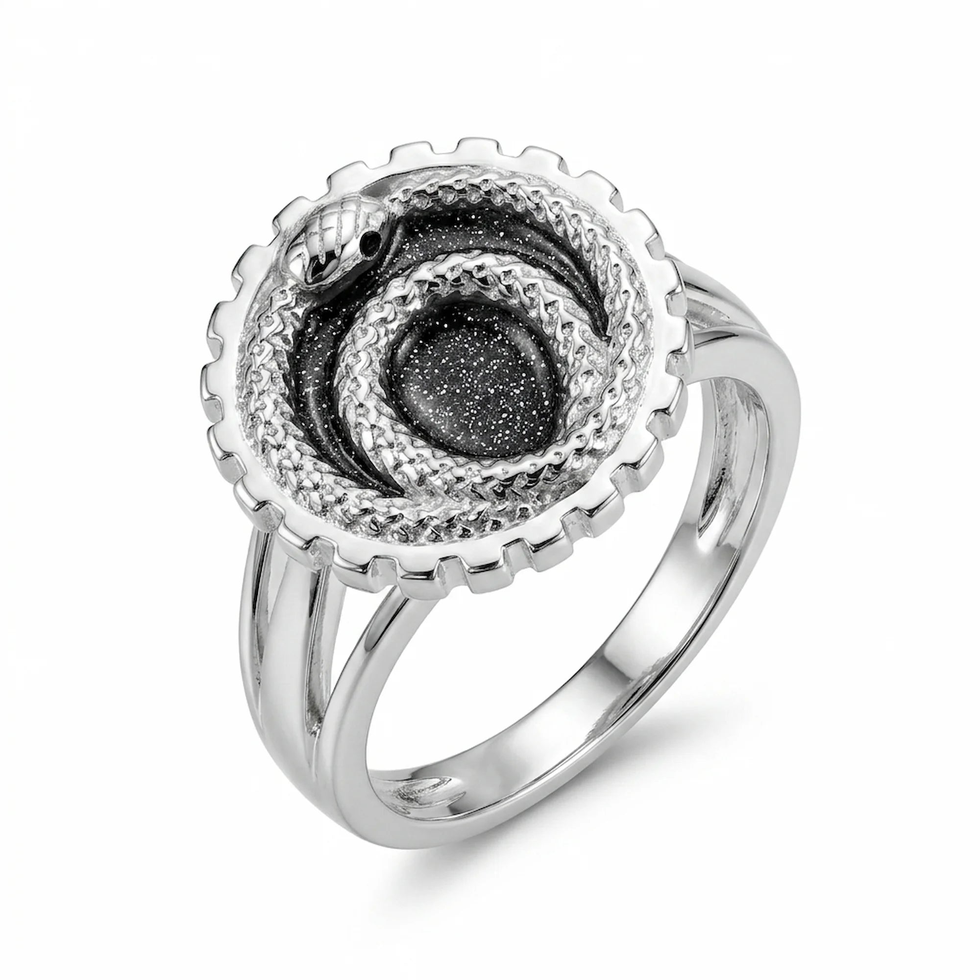 Charcoal silver enamel ouroboros snake signet ring in 925 sterling silver with a black cubic-zirconia eye, Dubai.