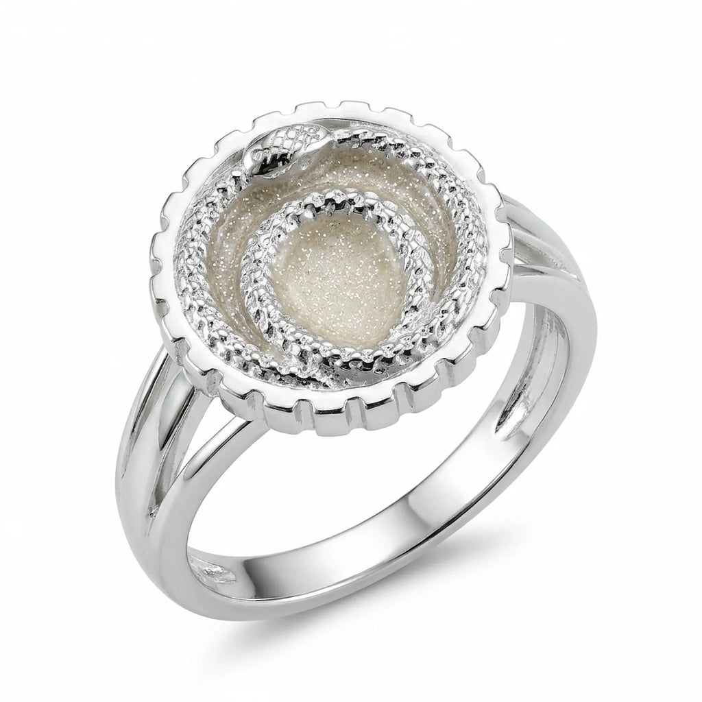 Front view of the ivory silver enamel ouroboros snake signet ring in 925 sterling silver, handcrafted in Dubai.