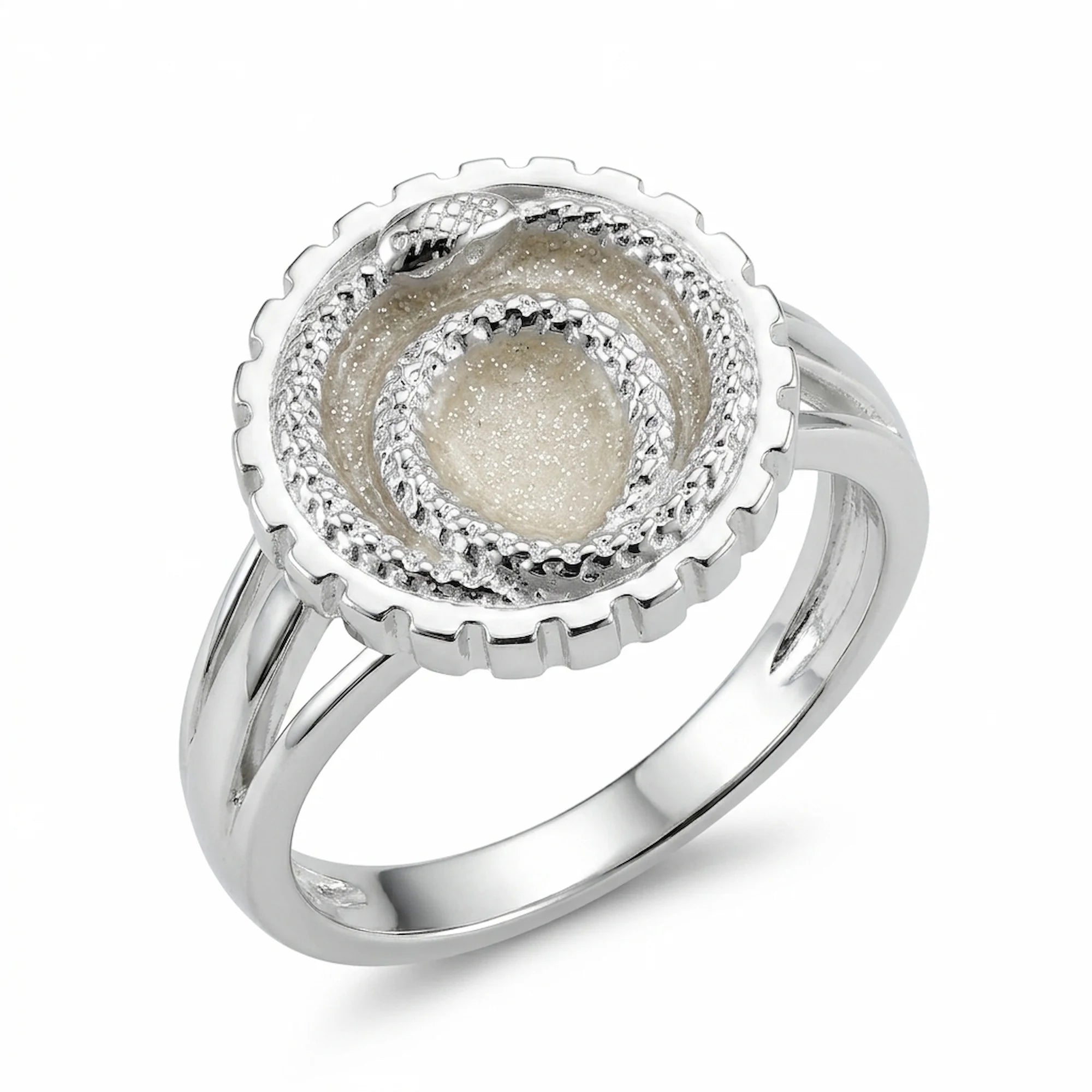 Front view of the ivory silver enamel ouroboros snake signet ring in 925 sterling silver, handcrafted in Dubai.