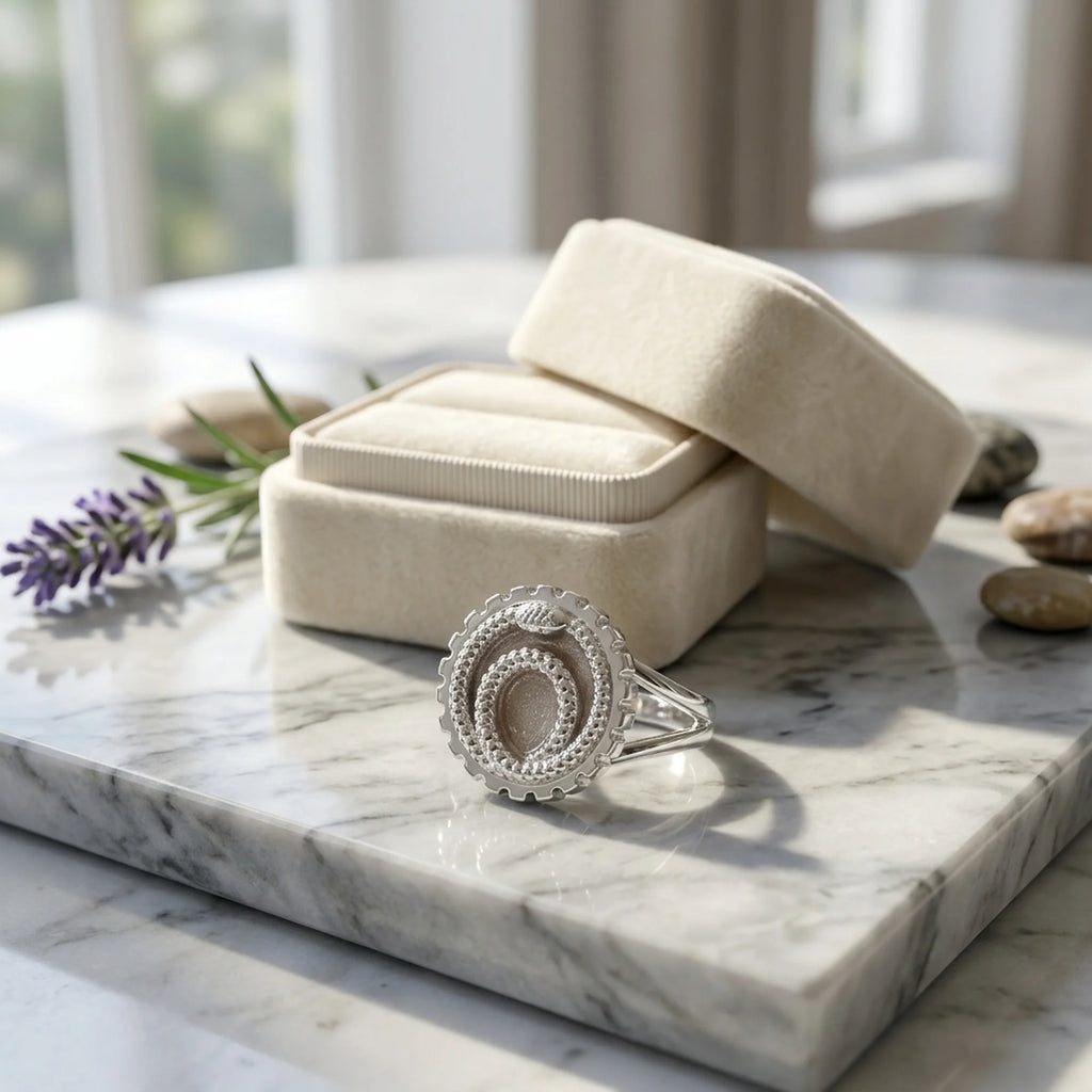 Charcoal silver enamel ouroboros snake signet ring in 925 sterling silver displayed by a jewellery box in Dubai.
