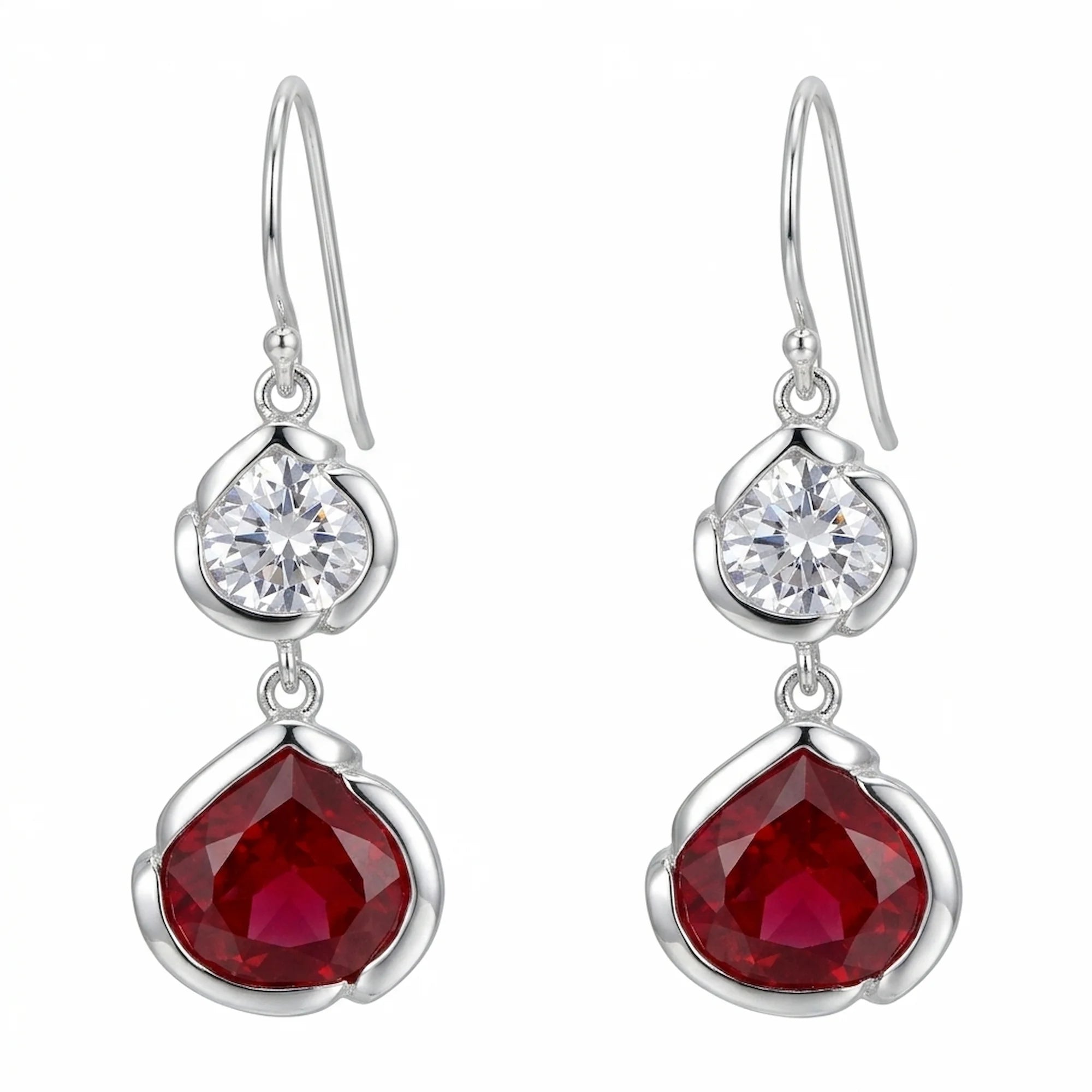 Front view of silver lab-grown ruby lotus drop earrings with white topaz in 925 sterling silver, crafted in Dubai.