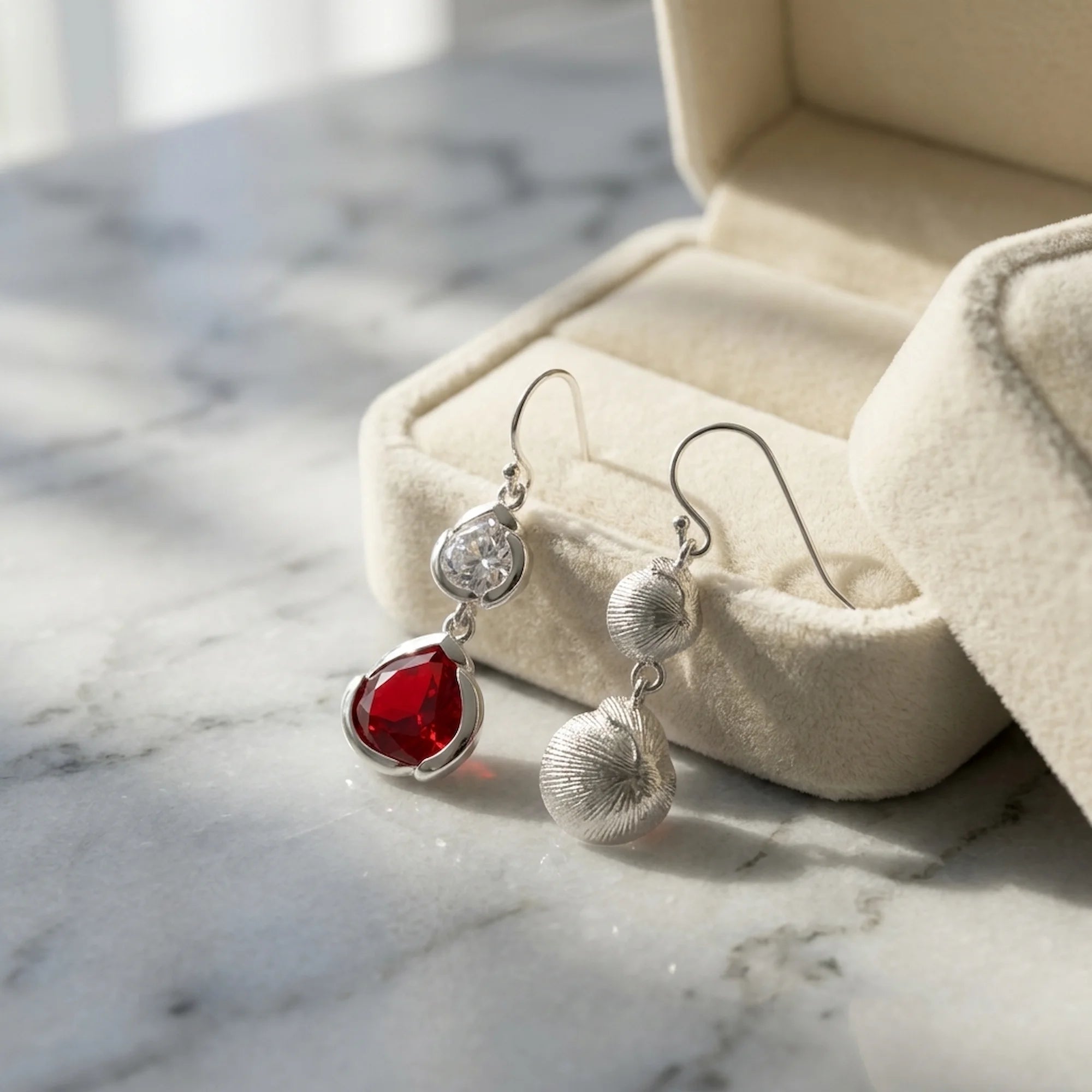 Lab-grown ruby and white topaz lotus drop earrings in 925 sterling silver beside a velvet jewellery box in Dubai.