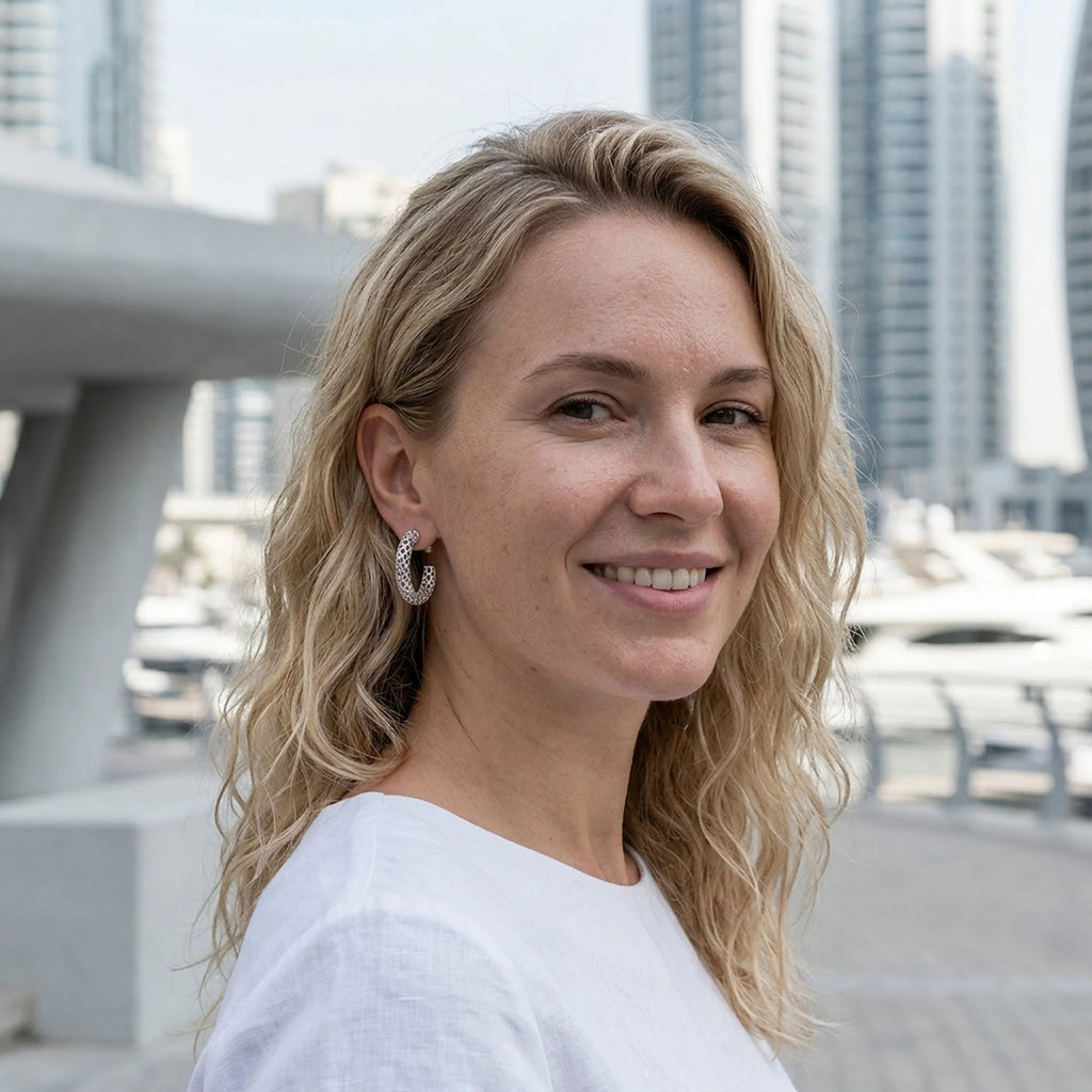 Woman wearing sterling silver lattice hoop earrings with cubic zirconia outdoors in Dubai.
