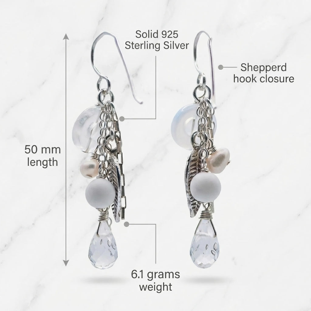 Technical dimensions and materials guide for our 925 sterling silver leaf chain drop earrings showcasing weight, length, and stone type.
