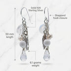 Technical dimensions and materials guide for our 925 sterling silver leaf chain drop earrings showcasing weight, length, and stone type.