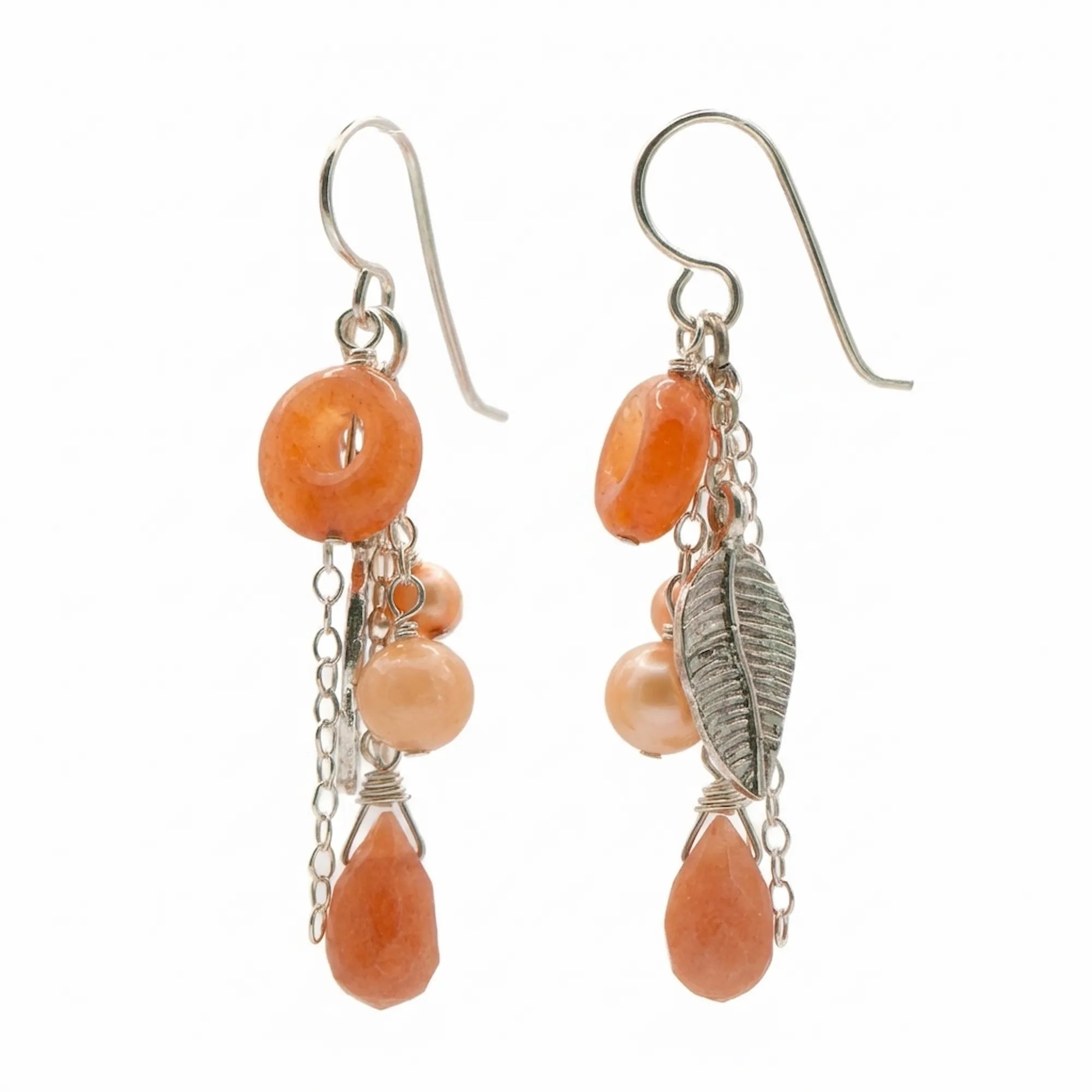 Shop the warm Matte Peach Harvest Cascade silver leaf chain drop earrings made of 925 sterling silver and semiprecious stones.