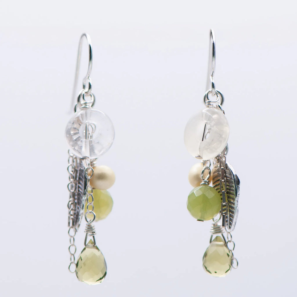 Shop our vibrant Harvest Cascade silver leaf chain drop earrings crafted with 925 sterling silver and lime green semiprecious stones.