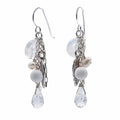 Silver leaf chain drop earrings with snow quartz and a simulated pearl, front view