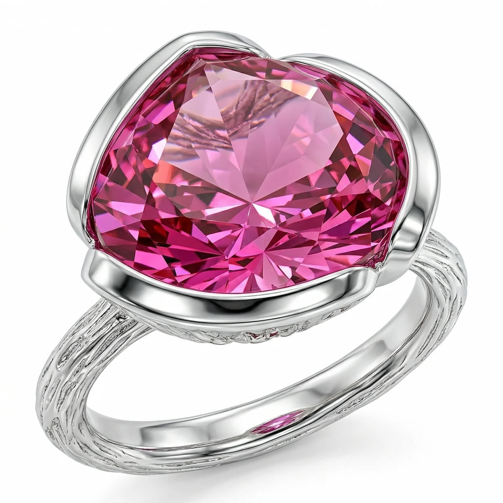 Front view of the 925 sterling silver vivid magenta quartz lotus cocktail ring with a branch-textured shank in Dubai.