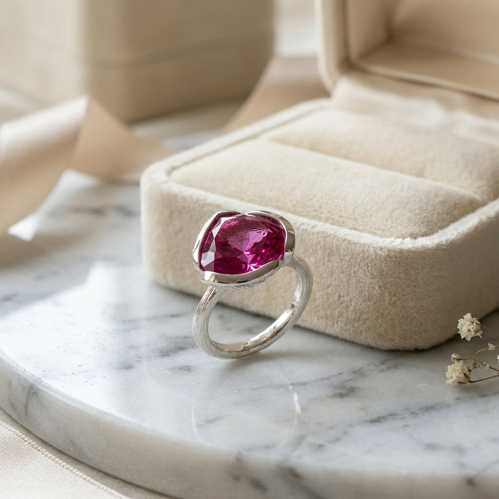 Vivid magenta quartz lotus cocktail ring in 925 sterling silver resting beside a velvet jewellery box in Dubai.