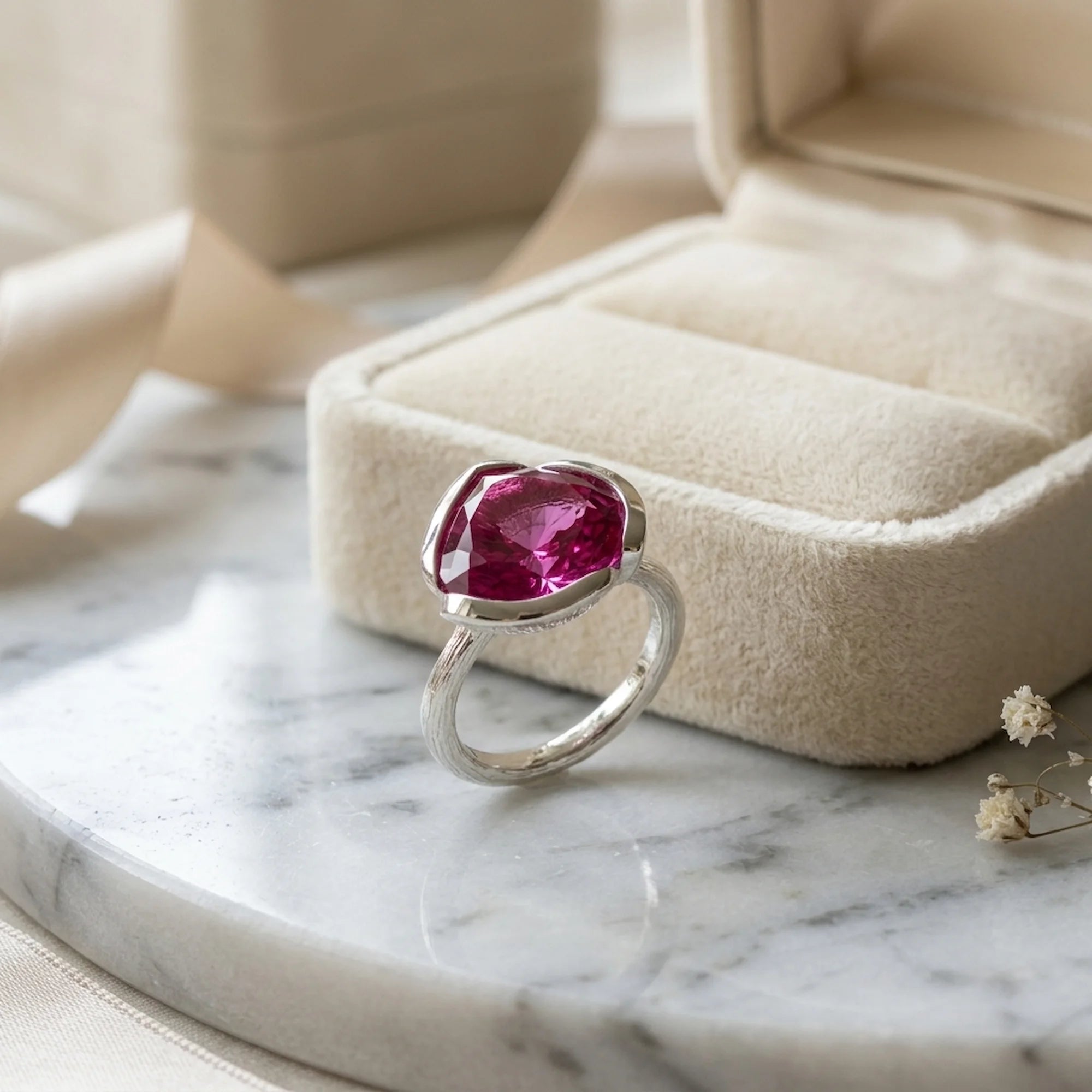 Vivid magenta quartz lotus cocktail ring in 925 sterling silver resting beside a velvet jewellery box in Dubai.