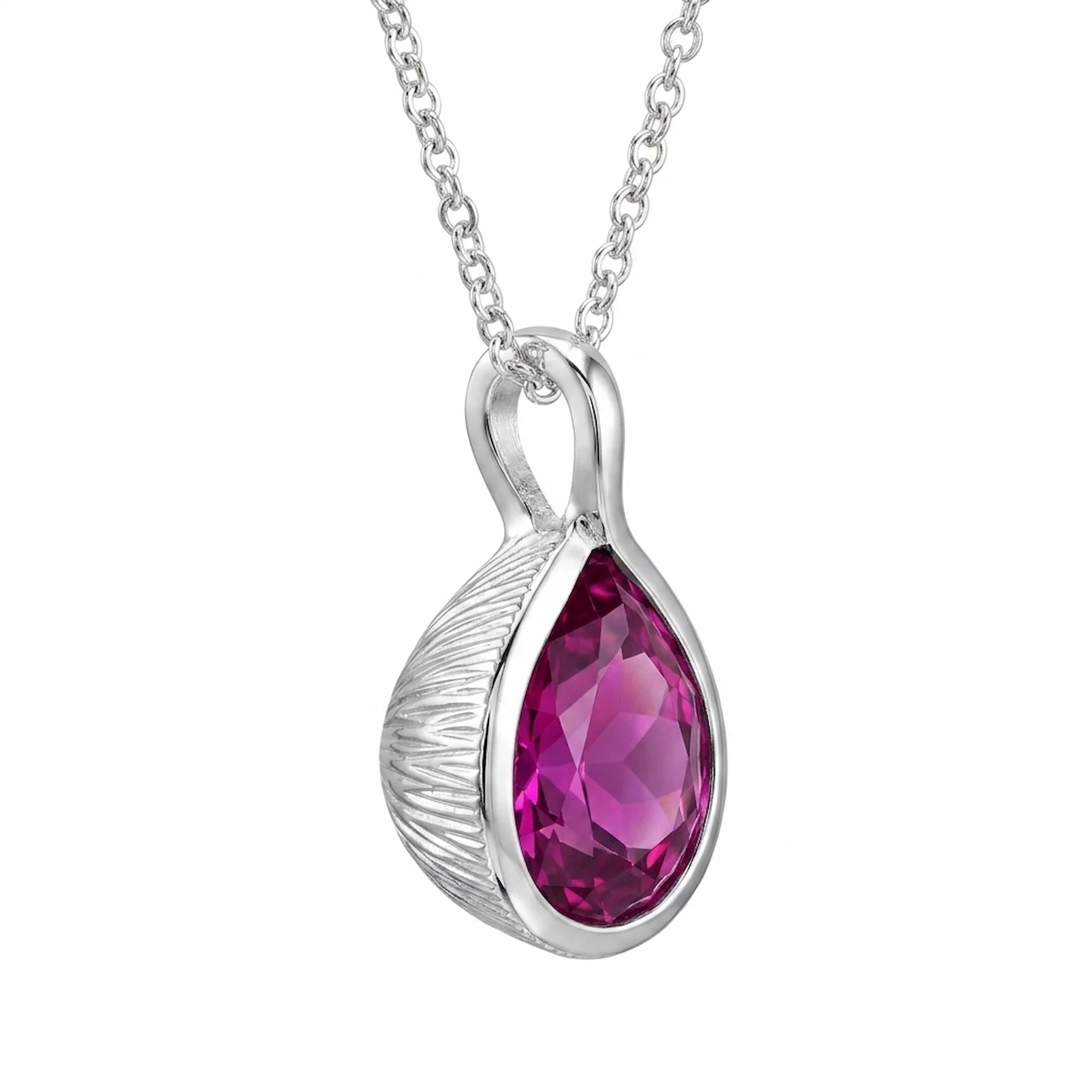 Pear-cut natural magenta quartz lotus pendant necklace in 925 sterling silver, crafted in Dubai.