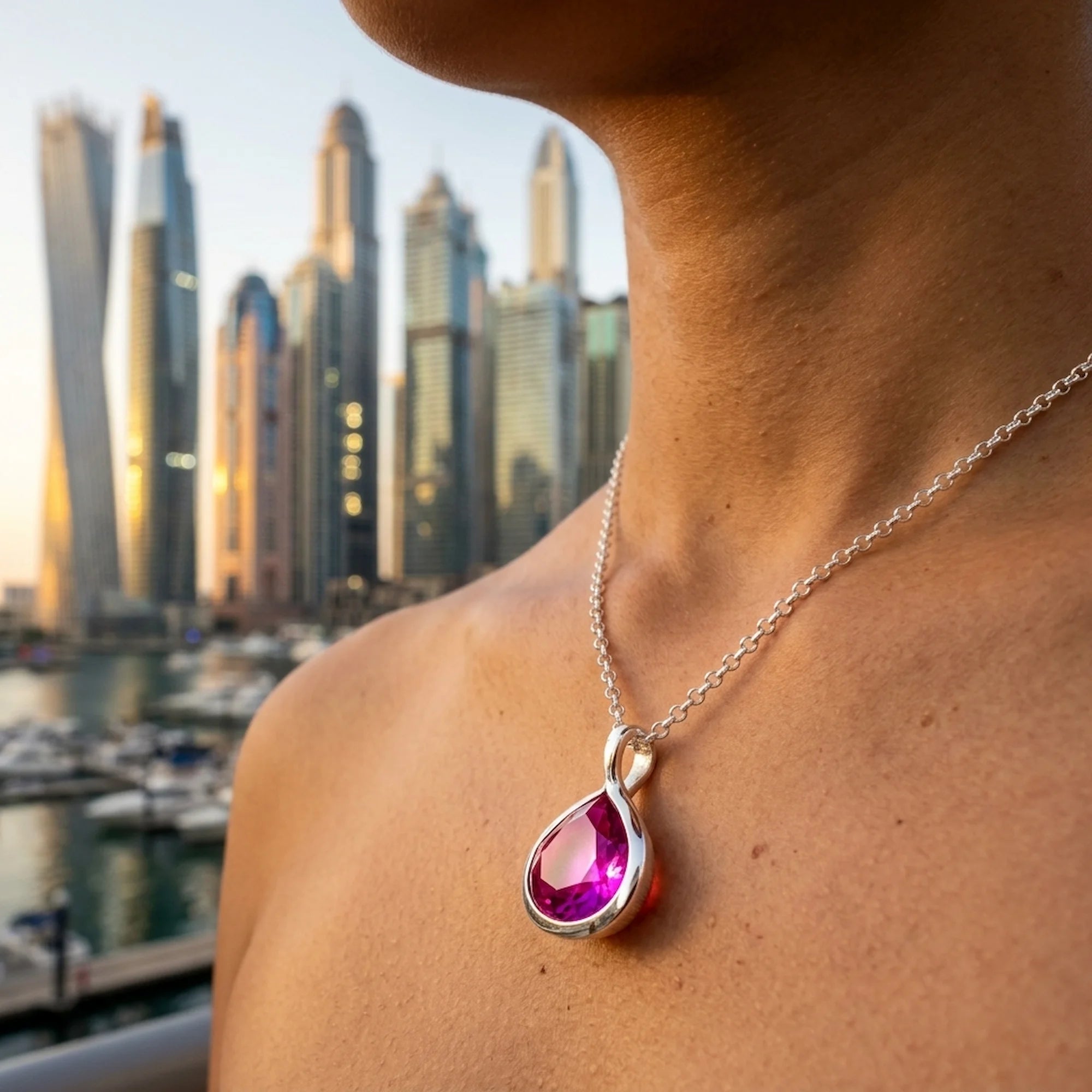 Woman wearing the 925 silver natural magenta quartz lotus pendant necklace against the Dubai Marine skyline UAE.