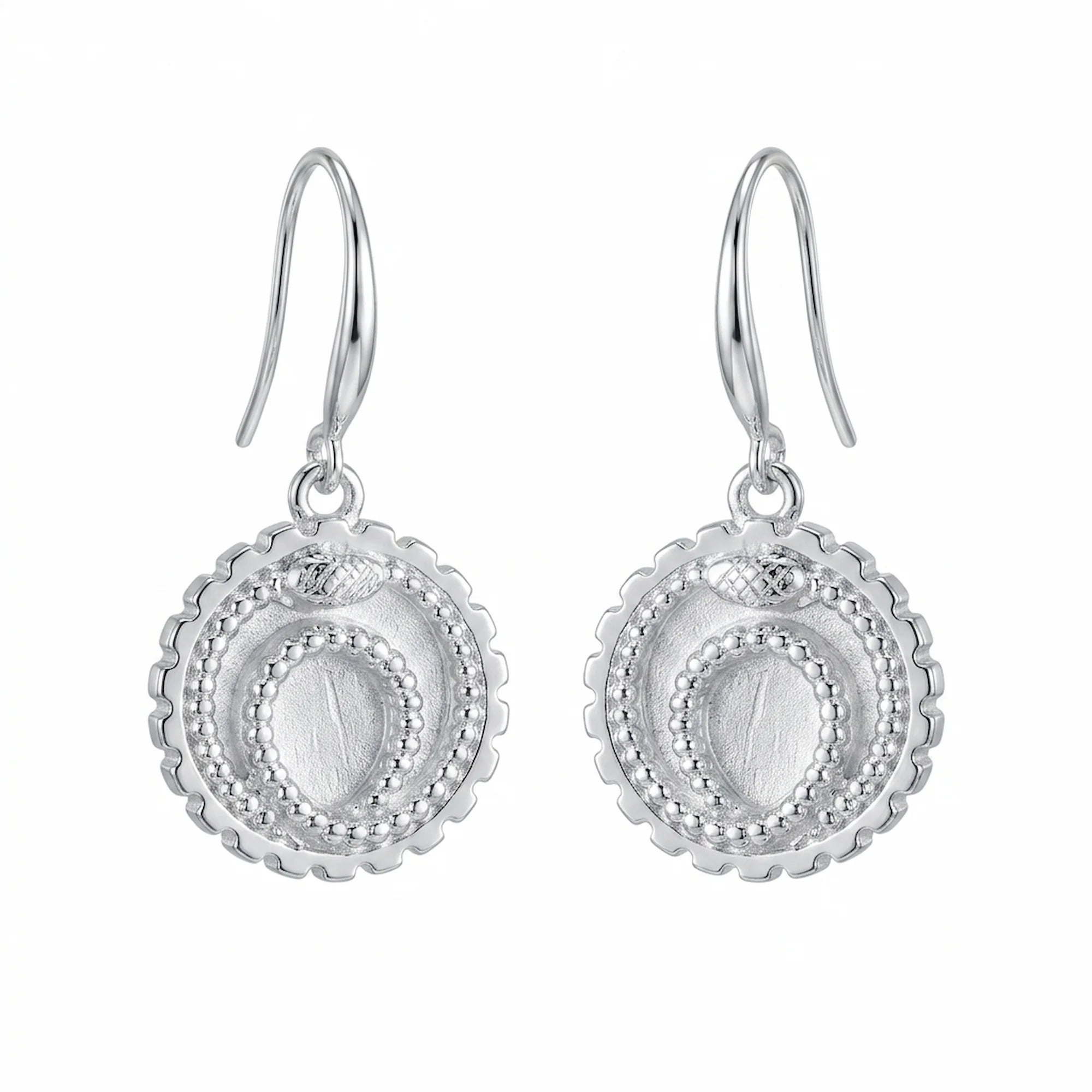 Front view of silver ouroboros snake drop earrings in 925 sterling silver with a cog border, handcrafted in Dubai.