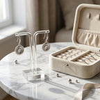 Silver ouroboros snake drop earrings in 925 sterling silver displayed by a jewellery box in Dubai.