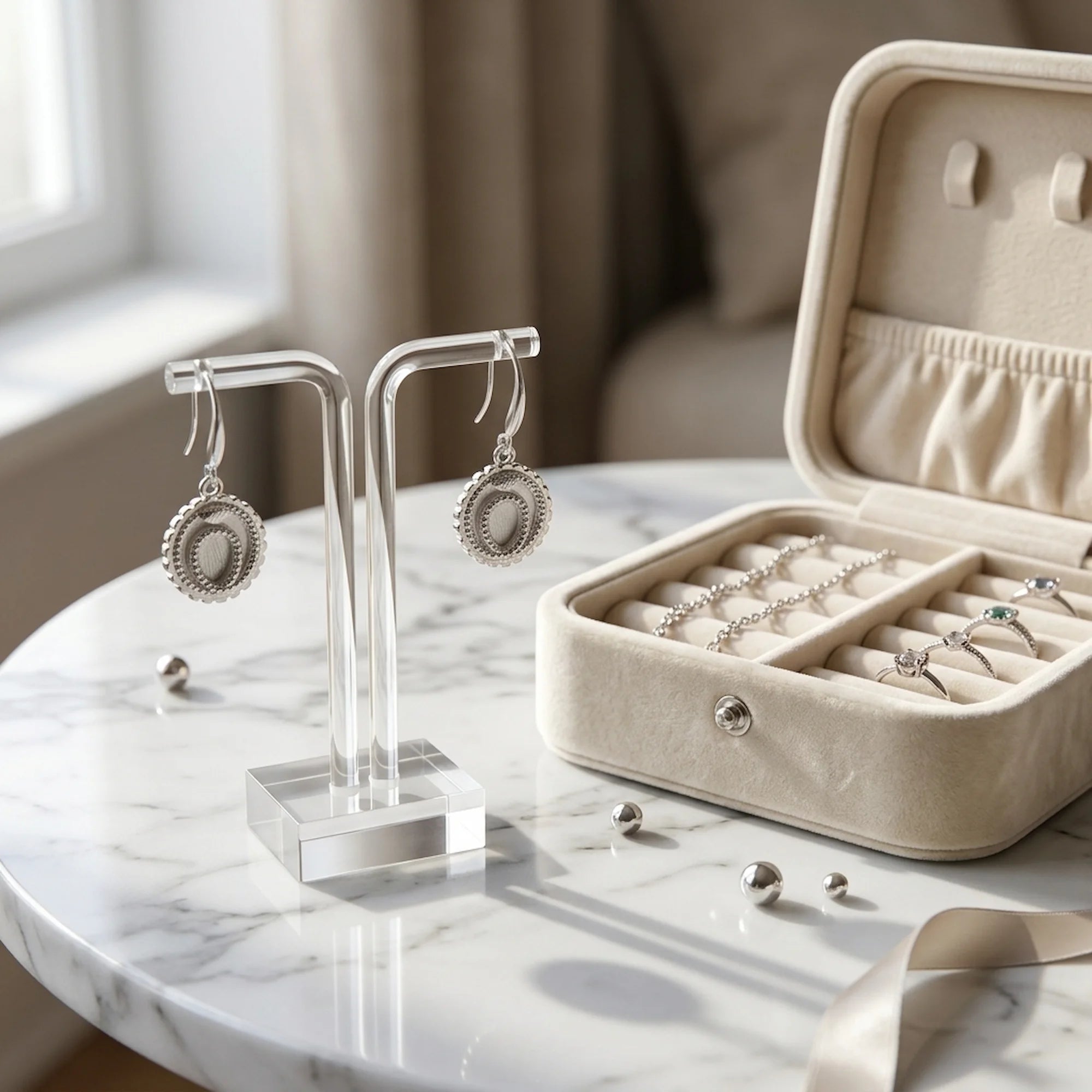 Silver ouroboros snake drop earrings in 925 sterling silver displayed by a jewellery box in Dubai.