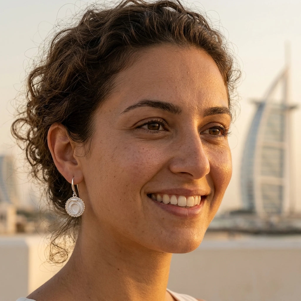 Woman wearing silver ouroboros snake drop earrings in 925 sterling silver near the Burj Al Arab in Dubai.