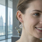 Smiling woman wearing silver ouroboros snake drop earrings in 925 sterling silver with a cubic zircon eye in Dubai.