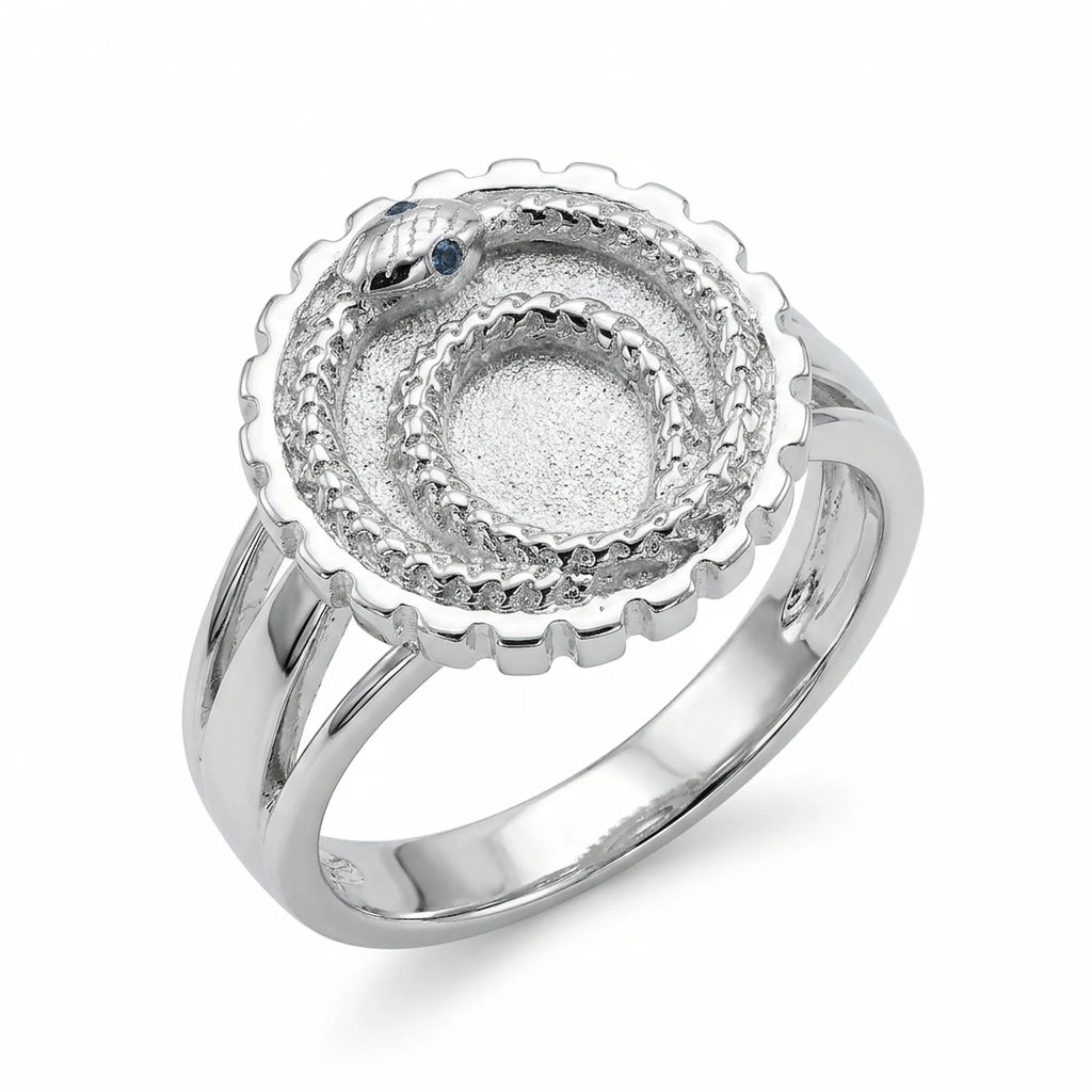 Silver ouroboros snake signet ring in 925 sterling silver with a blue-topaz eye accent, handcrafted in Dubai.