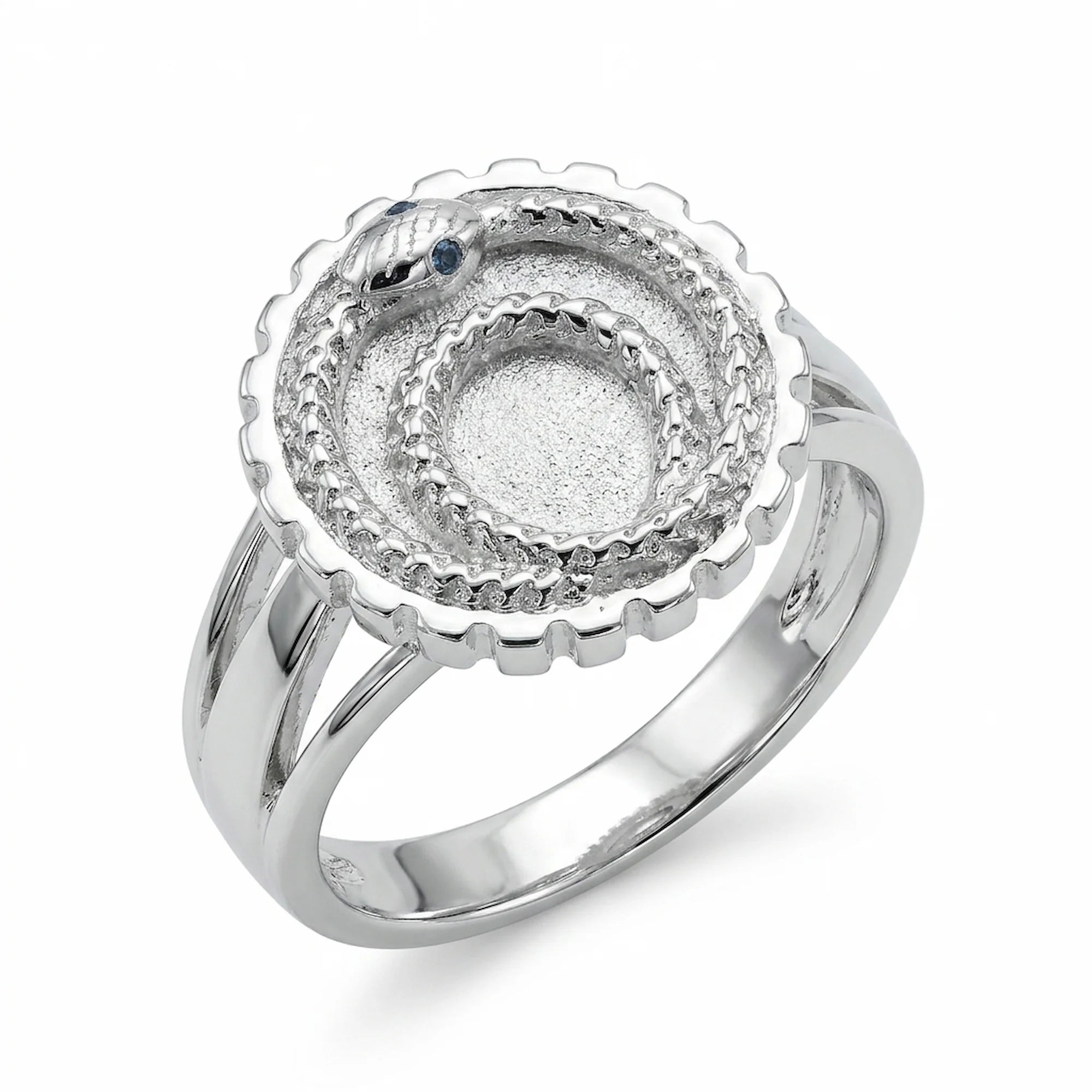 Silver ouroboros snake signet ring in 925 sterling silver with a blue-topaz eye accent, handcrafted in Dubai.