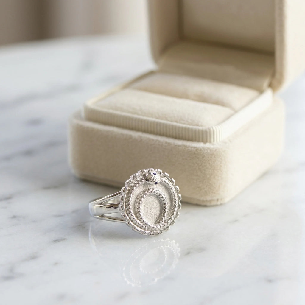 Silver ouroboros snake signet ring in 925 sterling silver with a blue-topaz eye accent by a jewellery box in Dubai.