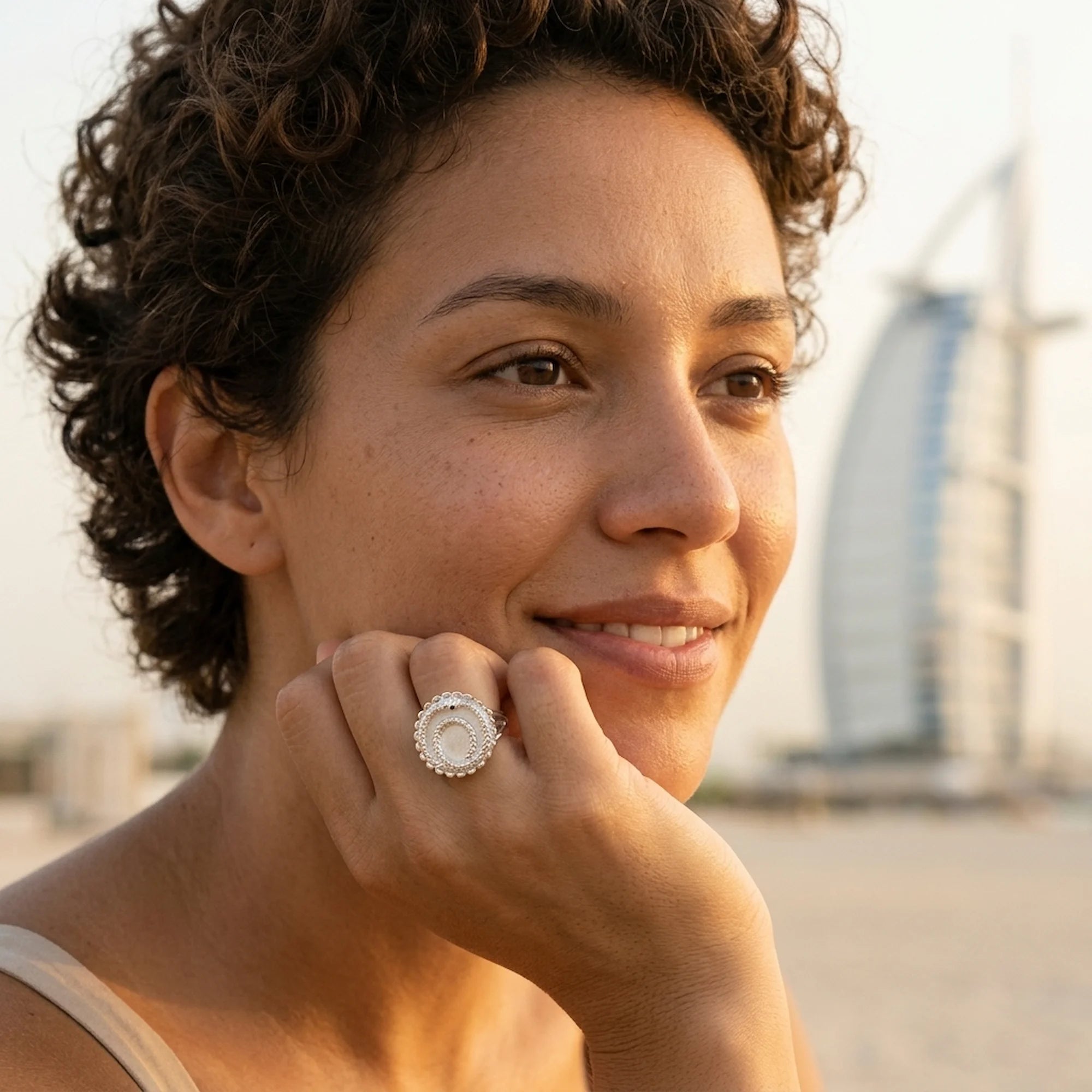 Woman wearing a 925 sterling silver ouroboros snake signet ring near the Burj Al Arab in Dubai.