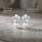 Technical breakdown of silver cz pearl drops including measurements and rhodium plating callouts.