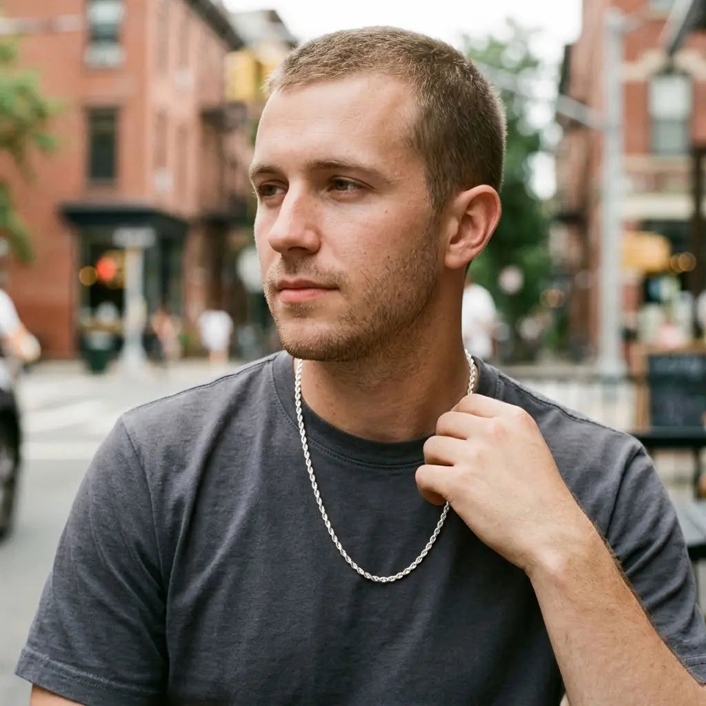 Male model wearing a bright silver rope-style chain necklace with a dark grey T-shirt.