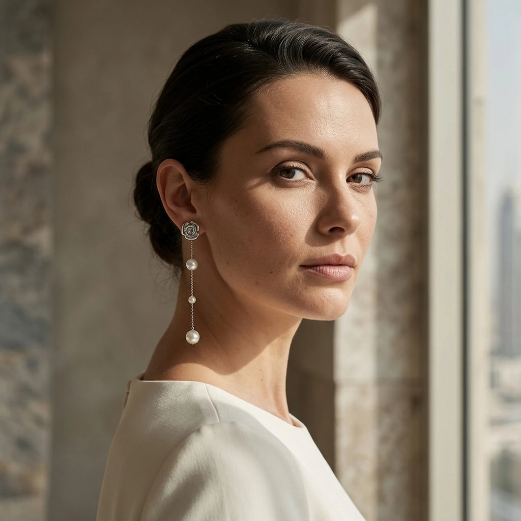 Woman wearing 925 silver sculpted rose earrings with an 80mm faux pearl drop indoors in Dubai.
