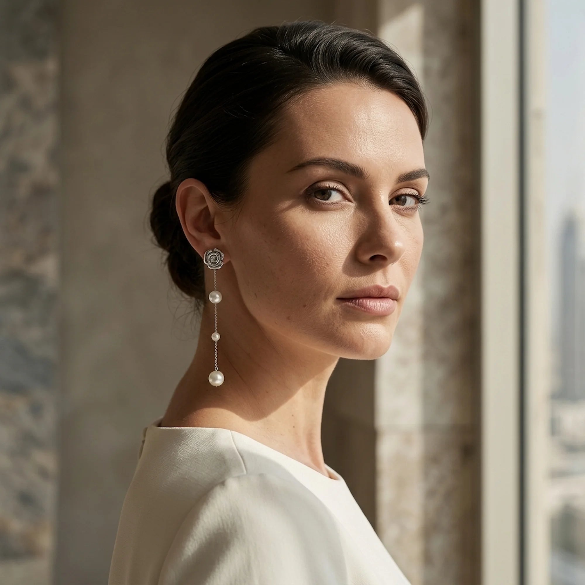 Woman wearing 925 silver sculpted rose earrings with an 80mm faux pearl drop indoors in Dubai.