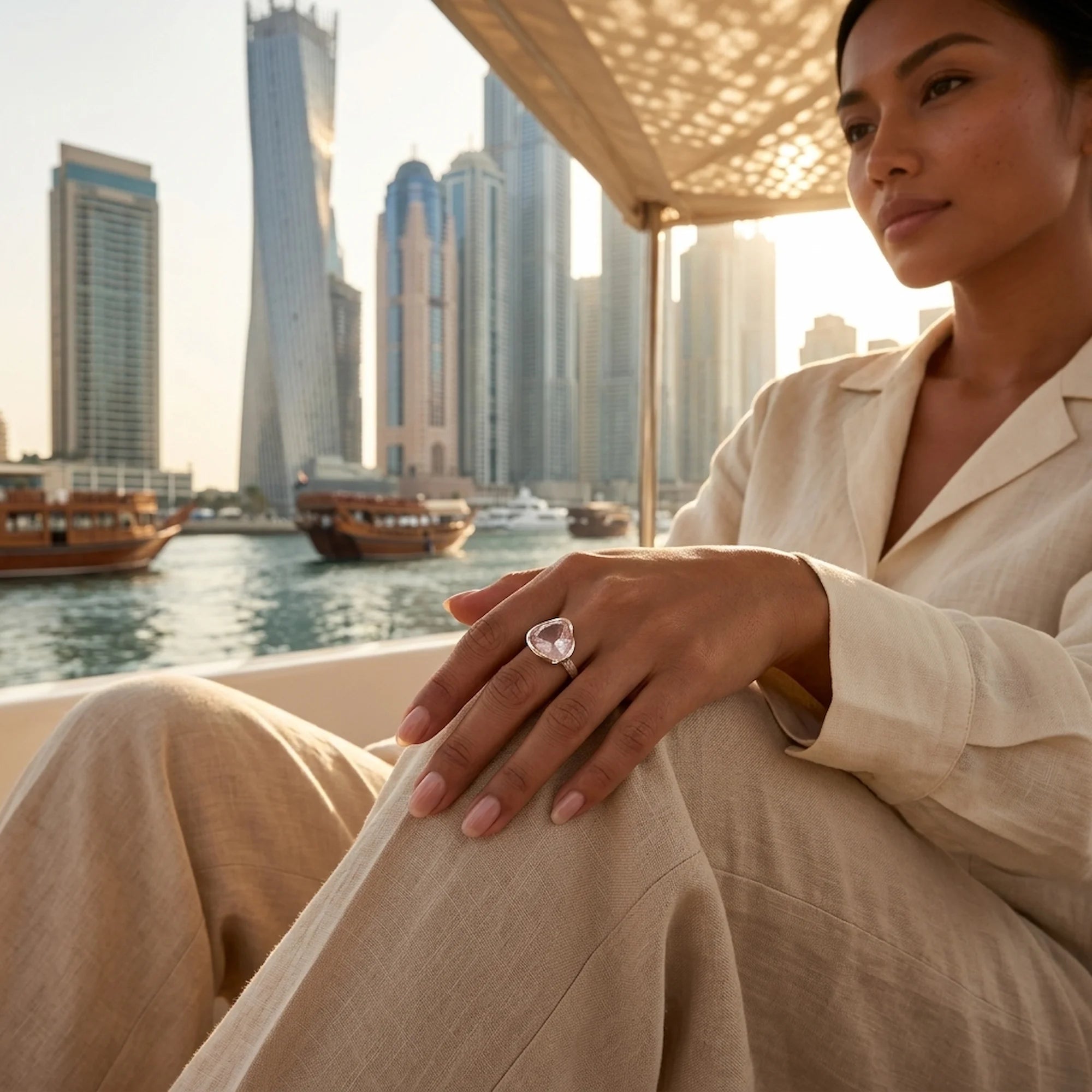 Woman wearing the 9.2-carat natural rose quartz lotus cocktail ring in 925 sterling silver on a boat in Dubai.