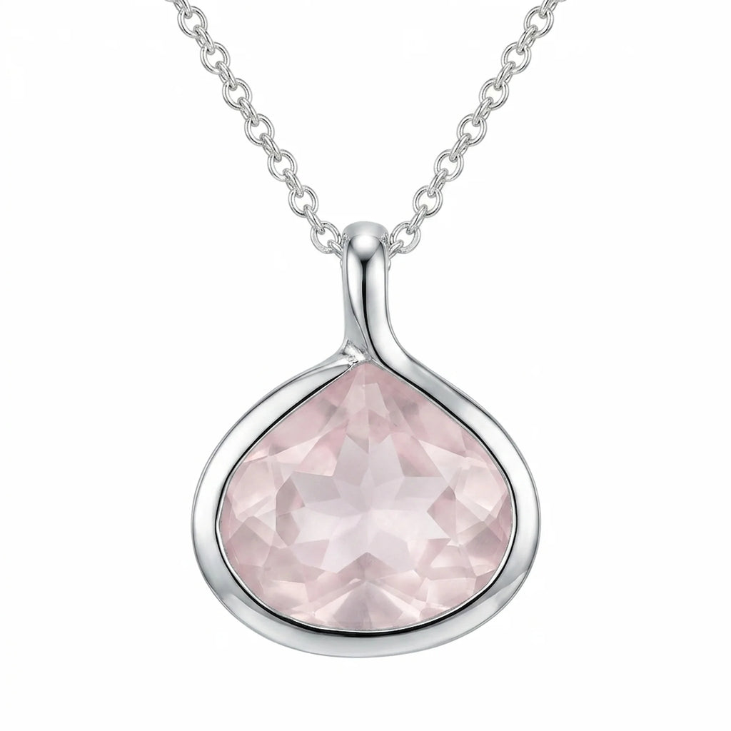 Pear-cut natural rose quartz lotus pendant necklace in 925 sterling silver, handcrafted in Dubai.
