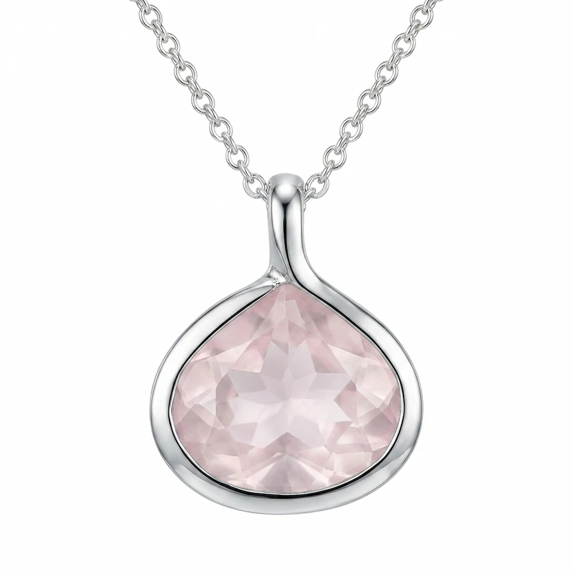 Pear-cut natural rose quartz lotus pendant necklace in 925 sterling silver, handcrafted in Dubai.
