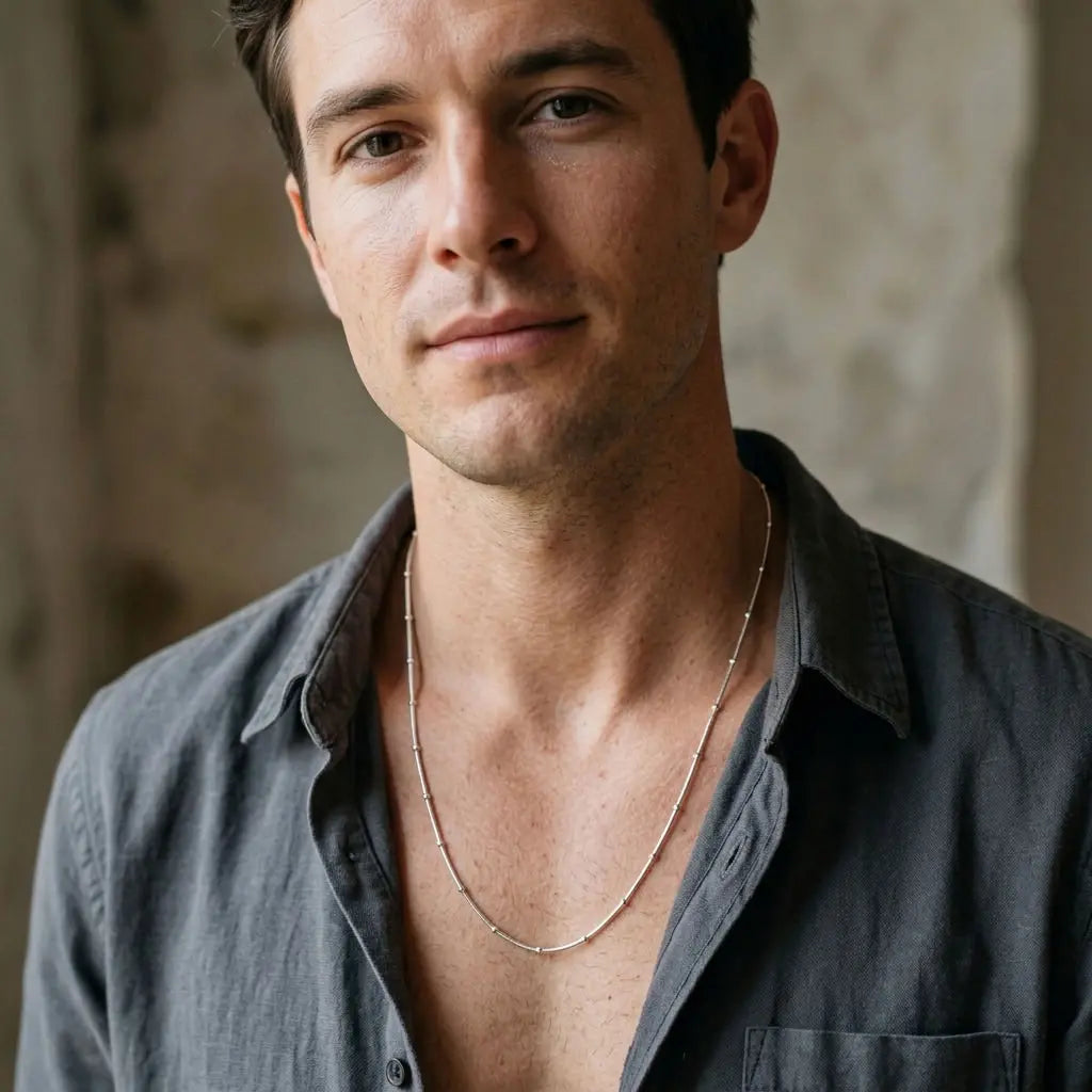 Man wearing a fine silver-tone station-link necklace with a charcoal open-collar shirt.