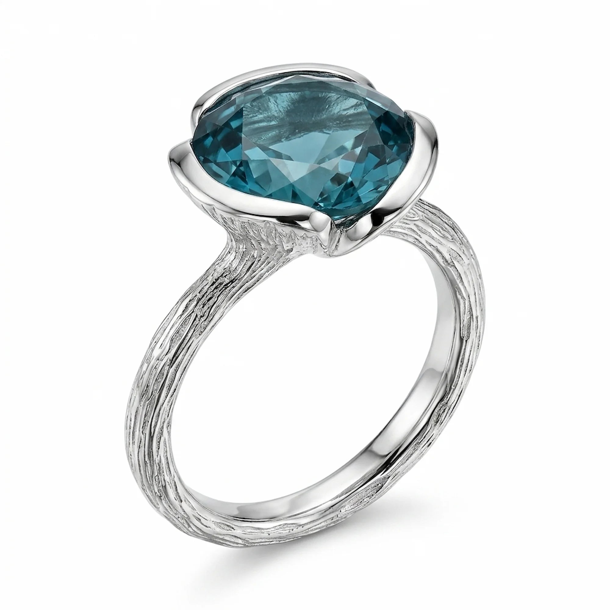 Front view of the 925 sterling silver sky blue topaz lotus cocktail ring with a branch-textured shank in Dubai.