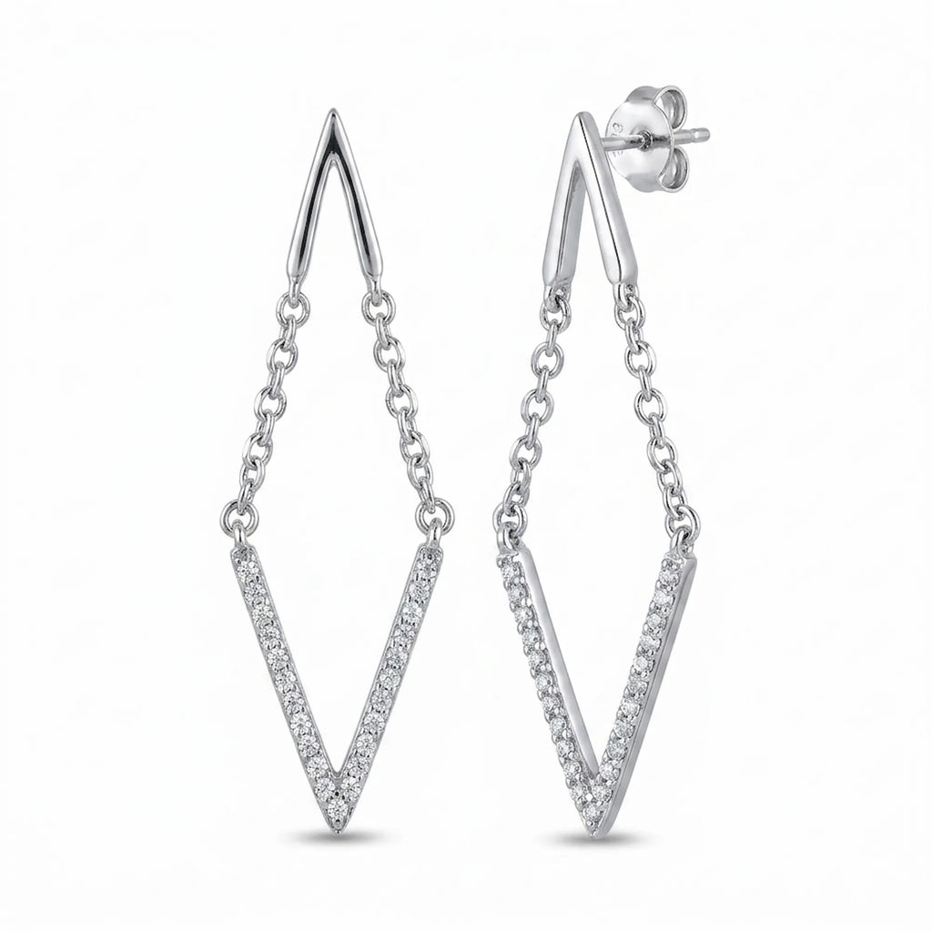 Silver V-shape double chevron drop earrings, pave cubic zirconia lower V on chains, 925 sterling silver, Dubai