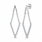 Silver V-shape double chevron drop earrings, pave cubic zirconia lower V on chains, 925 sterling silver, Dubai