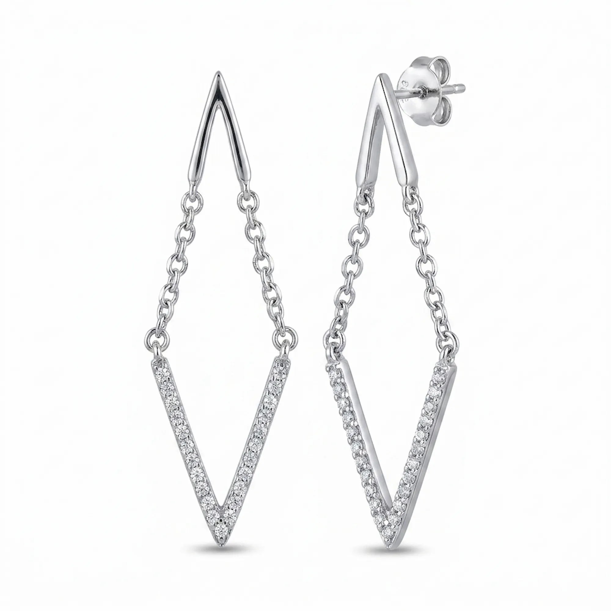 Silver V-shape double chevron drop earrings, pave cubic zirconia lower V on chains, 925 sterling silver, Dubai