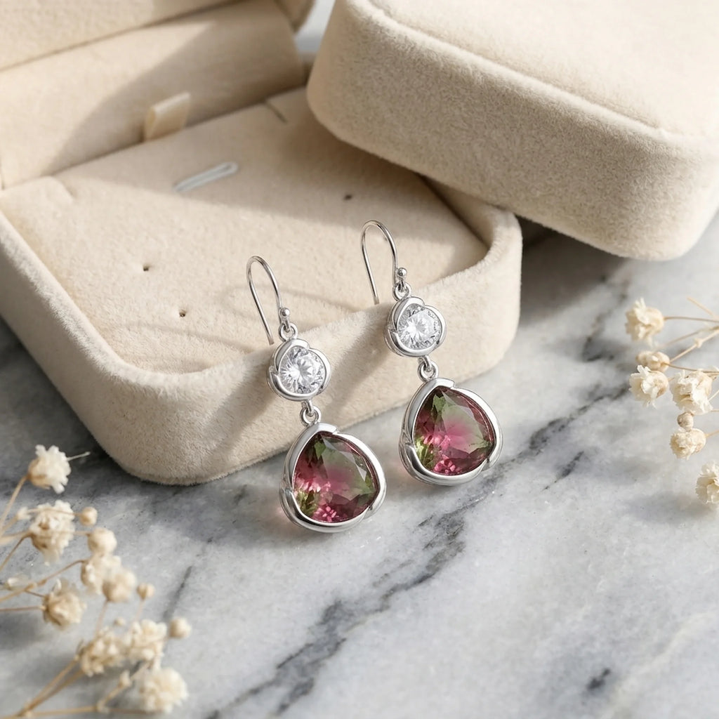 Silver watermelon tourmaline simulant drop earrings with white topaz in a box, an October birthday gift in Dubai.
