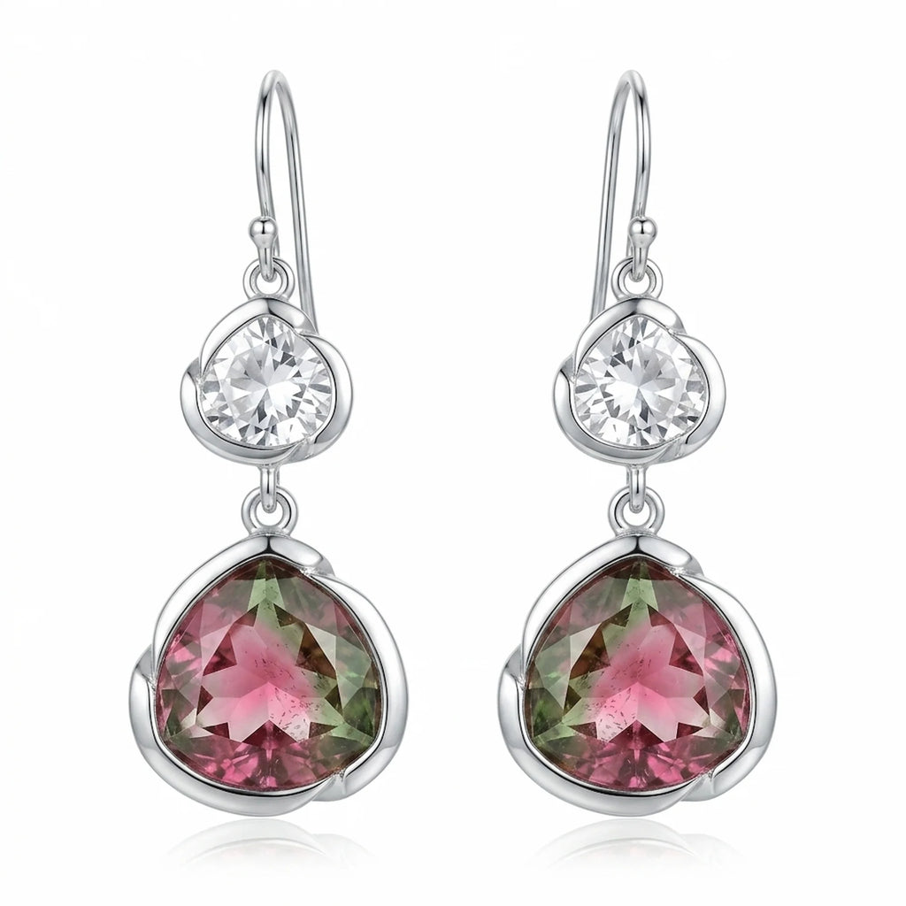 Silver tricolor watermelon tourmaline simulant drop earrings with white topaz, an October birthday gift in Dubai.