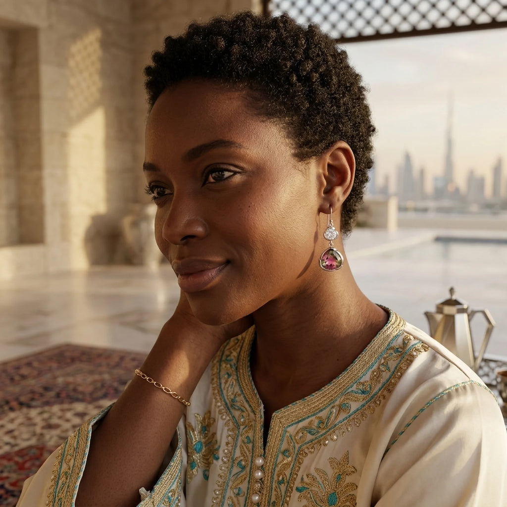 Woman wearing silver watermelon tourmaline simulant drop earrings outdoors in Dubai, an October birthday gift.