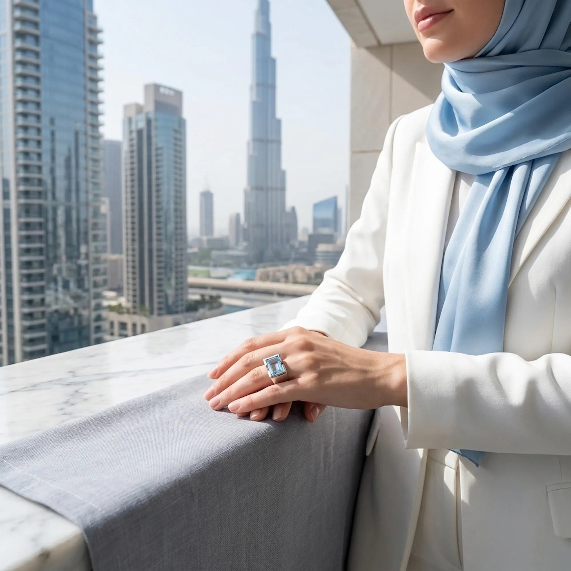 Sky blue topaz statement ring worn by model with light blue hijab and white blazer — Burj Khalifa Dubai skyline in background
