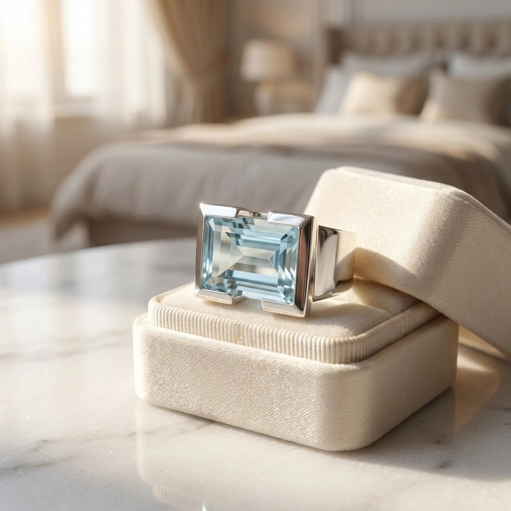 Natural sky blue topaz statement ring on cream velvet gift box in bedroom setting — 8.15ct November birthstone, 925 silver