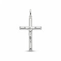 Small solid 925 sterling silver crucifix pendant for women with rounded tubular cross and raised Corpus on white background.