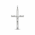 Small solid 925 sterling silver crucifix pendant for women with rounded tubular cross and raised Corpus on white background.