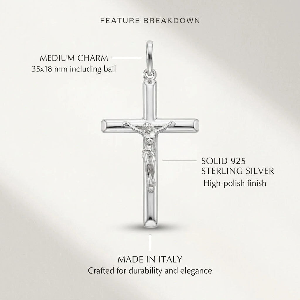 Small 925 sterling silver crucifix pendant size infographic showing 35 × 18 mm, solid construction, mirror-polished finish and Made in Italy origin.