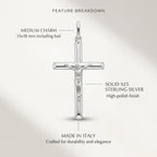 Small 925 sterling silver crucifix pendant size infographic showing 35 × 18 mm, solid construction, mirror-polished finish and Made in Italy origin.