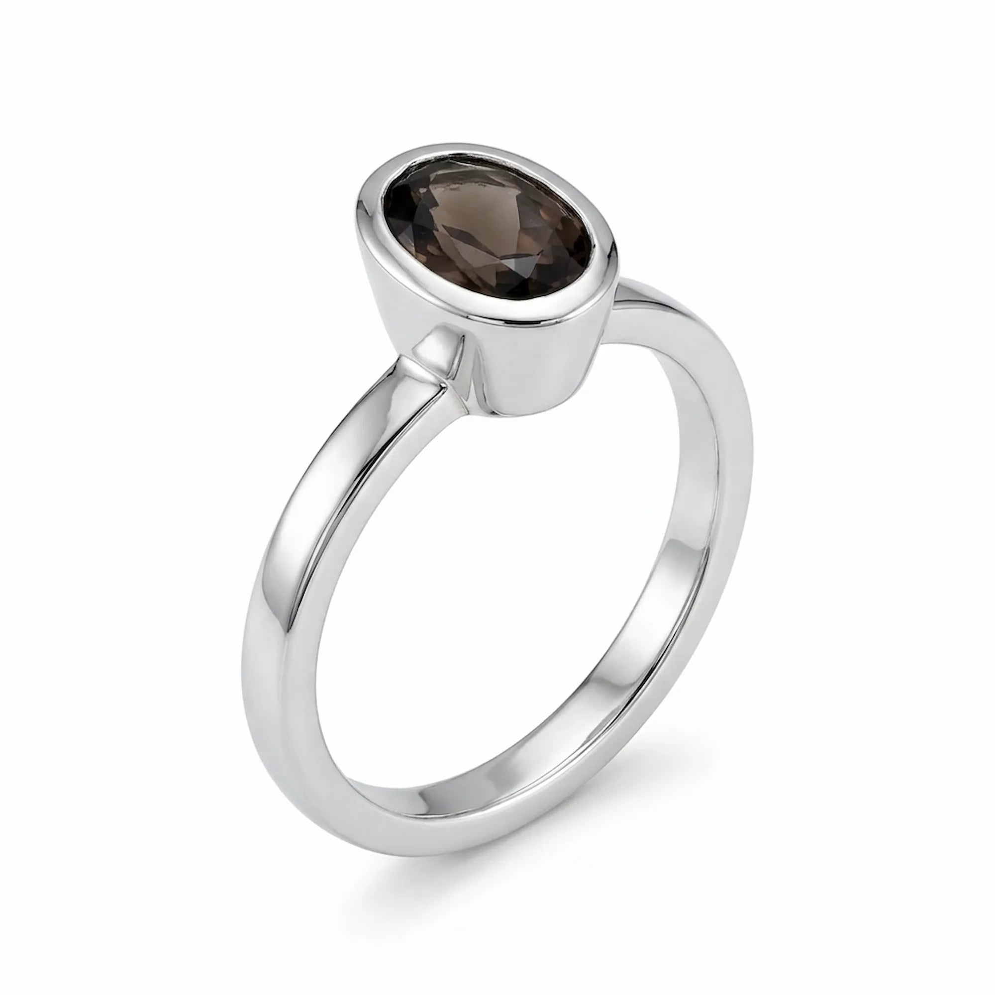 smoky quartz rings for women with bezel set oval stone in 925 sterling silver designed for stackable everyday wear