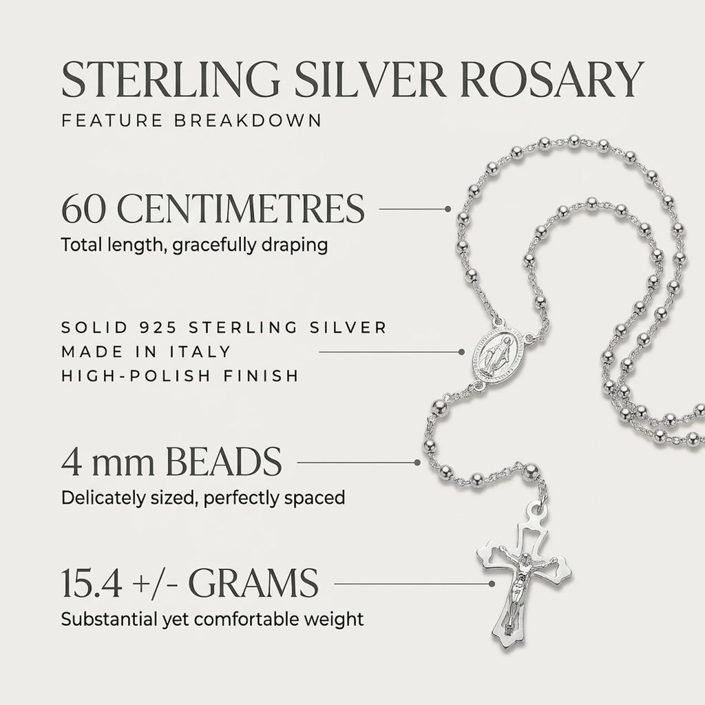 Rosary product feature image identifying 60 cm length, solid 4 mm silver beads, Italian origin and approximately 15.4 g weight.