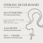 Rosary product feature image identifying 60 cm length, solid 4 mm silver beads, Italian origin and approximately 15.4 g weight.